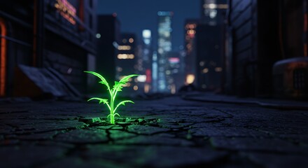 Glowing plant sprouting through pavement in futuristic neon cityscape