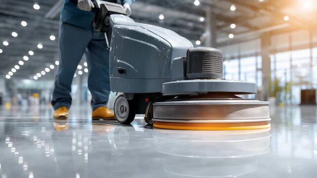 A worker uses an automatic scrubber to clean the shiny floor of a spacious commercial warehouse during daytime operations