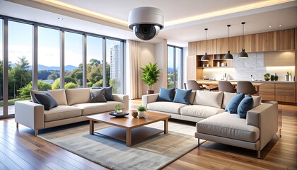 Fototapeta premium Modern living room with security camera, large windows, and city view