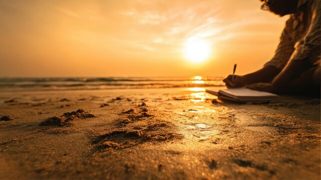 Person writing in a notebook on the beach at sunset.