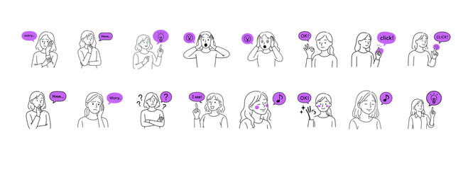 collection of doodle icons depicting little girl vector illustration 