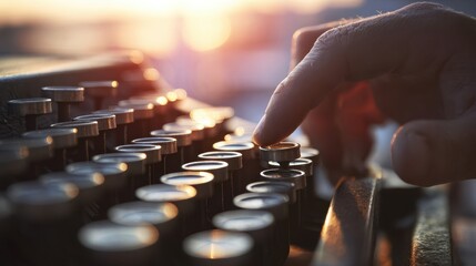 Close-up of a vintage typewriter with a finger pressing a key.