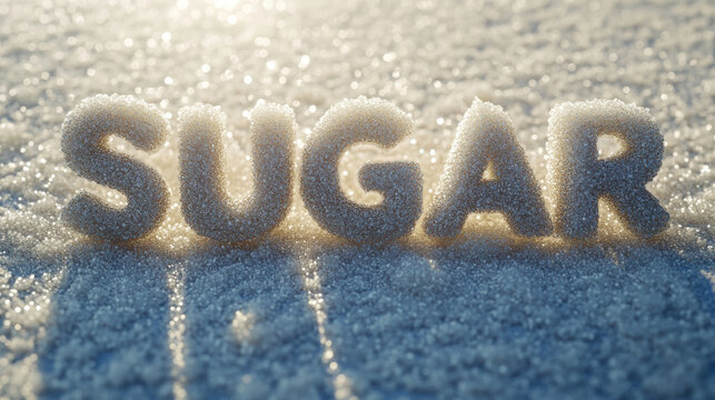 White sugar grains forming the letters "SUGAR" on a clean surface. Diabetes concept. World diabetes day awareness concept. 3d illustration.