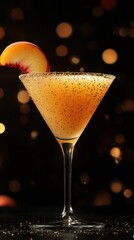 Elegant peach cocktail served in a martini glass with a garnish and sparkling background at a festive gathering