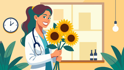 Smiling female doctor holding sunflower bouquet in bright office on International Doctors Day. 