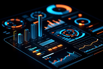 Futuristic 3D digital dashboard interface with glowing charts, bar graphs, and analytics on dark background for data analysis