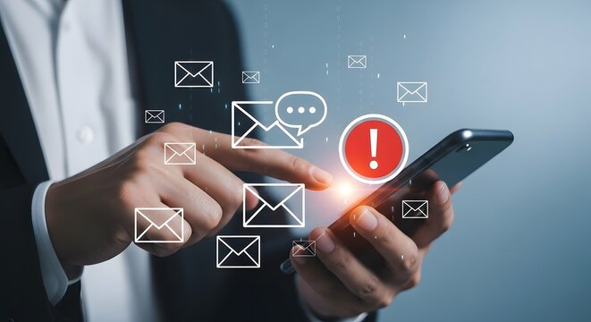 Man using smartphone with digital notifications for messages and alerts