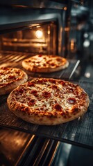 Delicious pepperoni pizzas baking in a warm oven just before serving at a cozy pizzeria