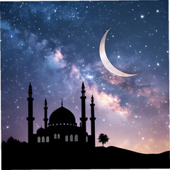 mosque silhouette floating in galaxy with crescen