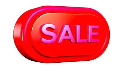 Bright red sale button with 3D lettering displayed against a white background for promotional purposes