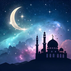 mosque silhouette floating in galaxy with crescen