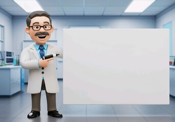 biologist pointing a big blank whiteboard or placard, cartoon 3D illustration, isolated on white background