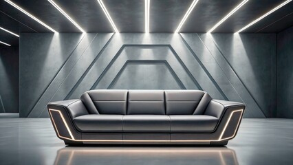 Fototapeta premium Modern leather sofa in a stylish minimalist interior with illuminated accents and geometric design