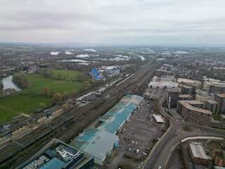 Fototapeta premium Aerial shot over Reading Train station Railway tracks UK 
