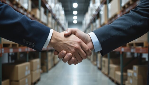Two businessmen in suits shake hands inside warehouse filled with stacked boxes. Professional handshake signifies deal partnership agreement within logistics distribution center. Scene conveys trust,