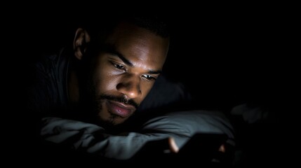 Fototapeta premium Person engrossed in a smartphone at night.