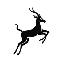 Elegant black silhouette of an antelope leaping dynamically in mid air against a clean white background