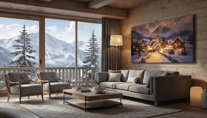 Fototapeta premium Cozy living room with large window showing snow-covered mountains. Natural light shines on wooden floors, furniture. Gray sofa, armchairs create welcoming atmosphere. Fireplace adds warmth, painting
