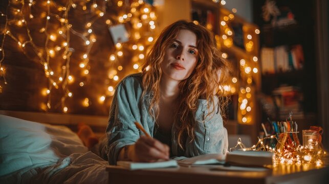 Woman writing in a notebook on a bed at night. - Powered by Adobe