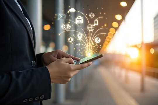 Businessman uses smartphone with digital technology icons emanating