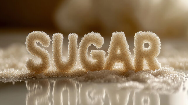 White sugar grains forming the letters "SUGAR" on a clean surface. Diabetes concept. World diabetes day awareness concept. 3d illustration.