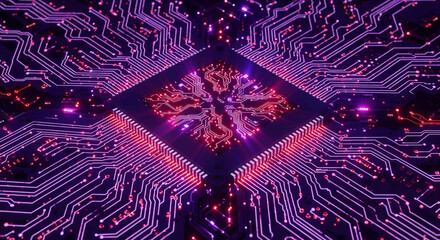 A close-up view of a central processing unit (CPU) or microchip at the heart of a circuit board,