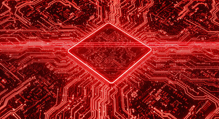 A close-up view of a central processing unit (CPU) or microchip at the heart of a circuit board,