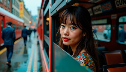 Young Asian woman looking out from a bus window in city street  
