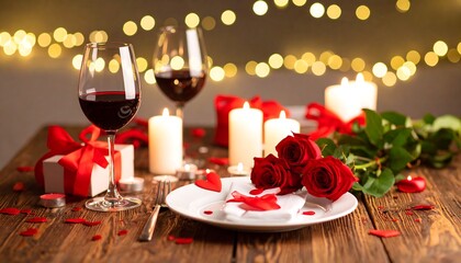 Romantic Dinner Setting Red Wine with Roses, Candles, and and Valentines Day Celebration.