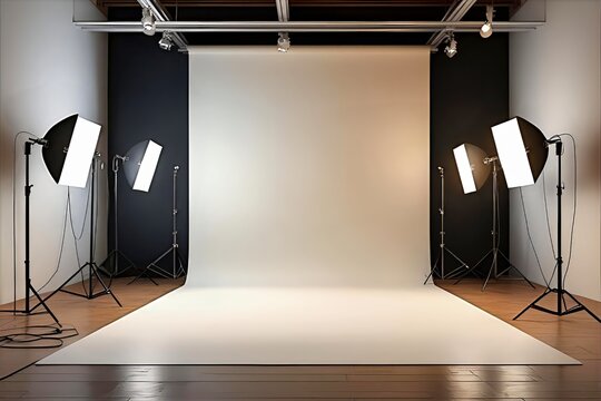 Empty photography studio with a clean white infinity background and professional lighting setup for professional video or photo production