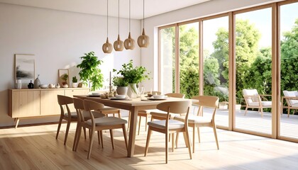 Light-filled dining room with wooden table and chairs, large windows showing a patio and green trees
