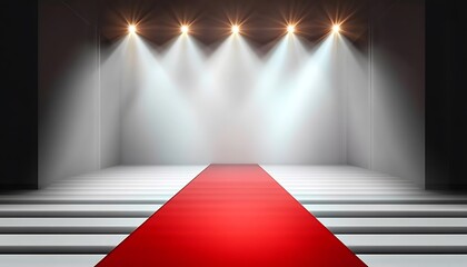 Obraz premium Elegant Red Carpet Entrance with Bright Stage Spotlights – Glamorous Scene for Awards, Fashion Shows, or VIP Events