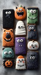 Deliciously spooky cookies designed for Halloween celebrations featuring various monster and pumpkin themes