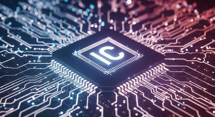 A close-up view of a central processing unit (CPU) or microchip at the heart of a circuit board,