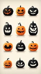 Unique collection of Halloween pumpkins with different facial expressions displayed on a light background