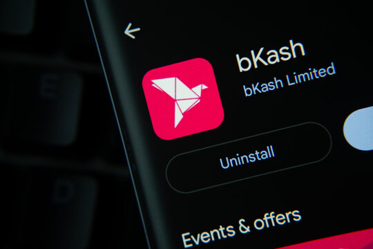 Dhaka, Bangladesh- 27 July 2025: Screen displaying bKash app with open and uninstall options, dark interface