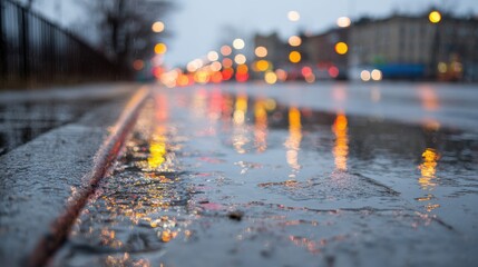 Wet Urban Street With Colorful Bokeh Lights Reflecting On Pavement. Captures Rainy City Atmosphere