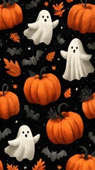 Colorful Halloween wallpaper featuring cheerful ghosts, pumpkins, and autumn leaves on a dark background