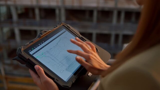 Professional architect reviews construction plans on tablet at sunset, wearing hardhat and coat while inspecting building development site for project management and quality control