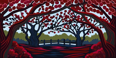 Stylized Illustration of Red Trees Framing a Serene Landscape with a Flowing River and Fence for Nature Blogs, Art Websites, and Meditation Resources  