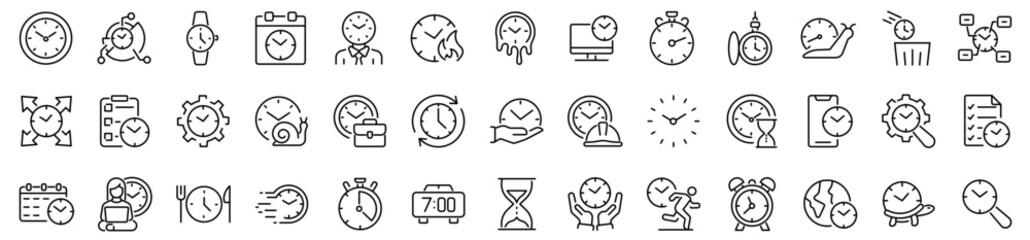 Set of 39 outline icons related to time, clock. Linear icon collection. Editable stroke. Vector illustration