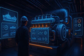 A technician inspects a futuristic engine display surrounded by vibrant blue and orange lights highlighting intricate mechanical designs and digital analytics in a high-tech environment