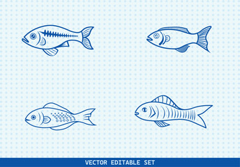 This editable vector set features four unique hand-drawn fish illustrations. perfect for seafood menus, kids’ books, educational materials, aquarium infographics
