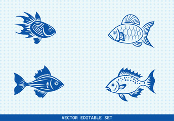 This editable vector set features four unique hand-drawn fish illustrations. perfect for seafood menus, kids’ books, educational materials, aquarium infographics