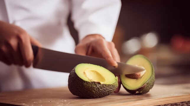 A chef expertly cuts an avocado on a wooden board.
