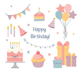 Set of colorful birthday party design elements. Vector illustration