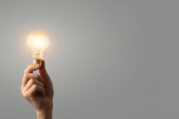 Hand holding a glowing light bulb against gray background.