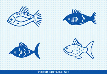 This editable vector set features four unique hand-drawn fish illustrations. perfect for seafood menus, kids’ books, educational materials, aquarium infographics