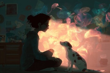 Girl enjoys a quiet moment with her dog amidst a colorful display of jellyfish in a cozy room