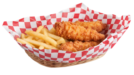 A basket filled with fried chicken nuggets and french fries with a side of ketchup on a checkered liner isolated on transparent background